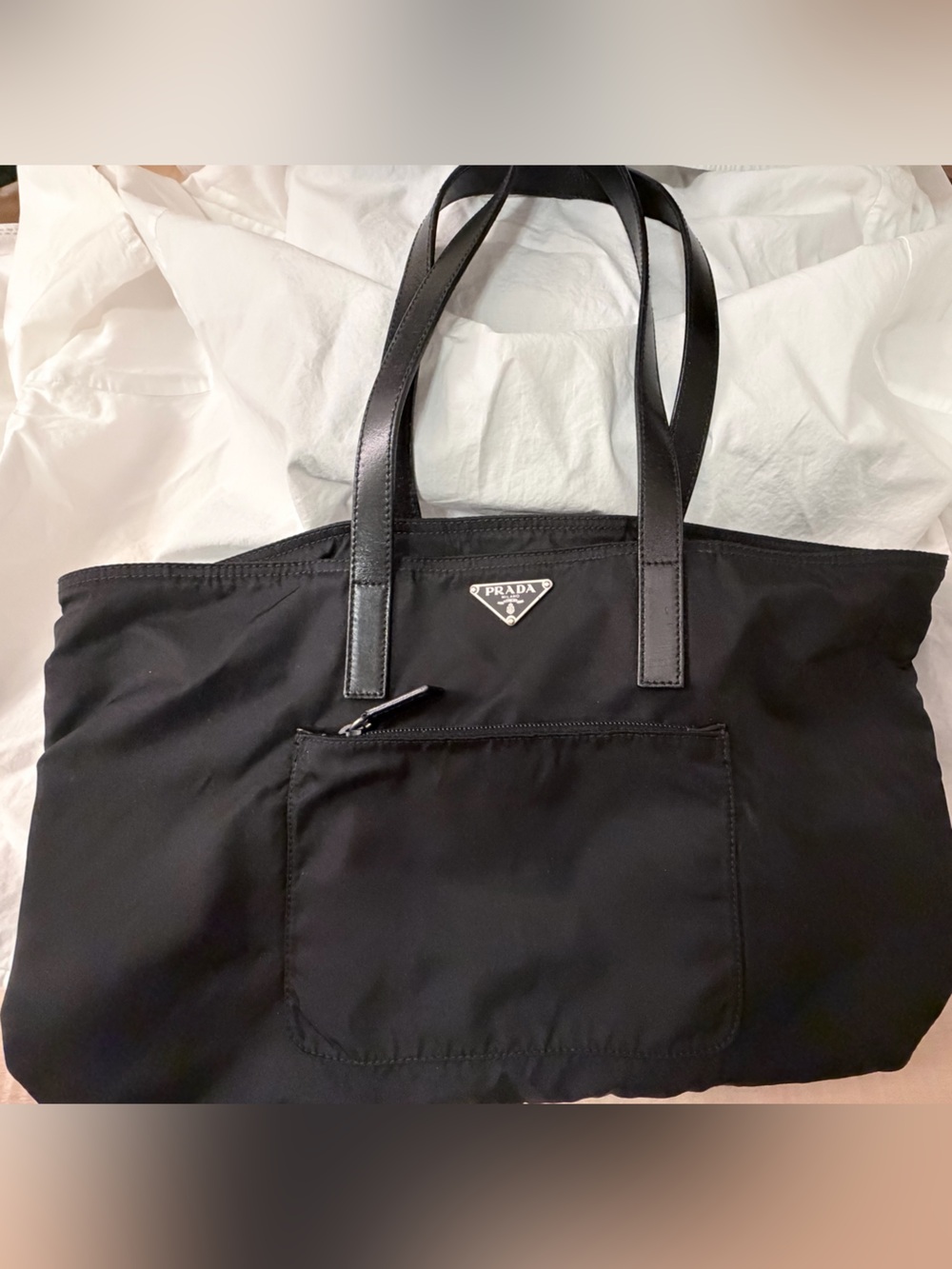 Prada Black Nylon Tote with Leather Handles and Front Pocket